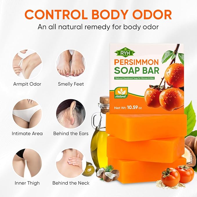 RYH 3 PCS Persimmon Soap Bar for Body Odor Control–Deodorizing & Eliminating Body Odor for Old People Smell, Natural Deodorant Persimmon Bar Soap, Organic Body Wash Soap for Women & Men