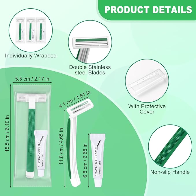 Disposable Razors Bulk, Razors Individually Wrapped Bulk, Travel Razors Bulk With Shaving Cream For Hotels, Shelters, Homeless, Nursing Homes, Charities, Churches, Green (100-PACK)