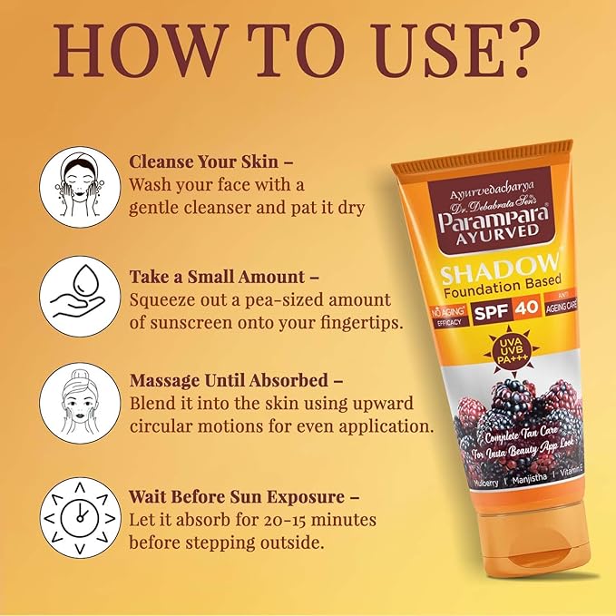 Ayurved Shadow Foundation Based SPF 40 PA+++ Sunscreen Cream | UVA UVB Protection for Face & Body | Water Resistant, Fast Absorbing, Non Greasy, Men & Women | 60ml
