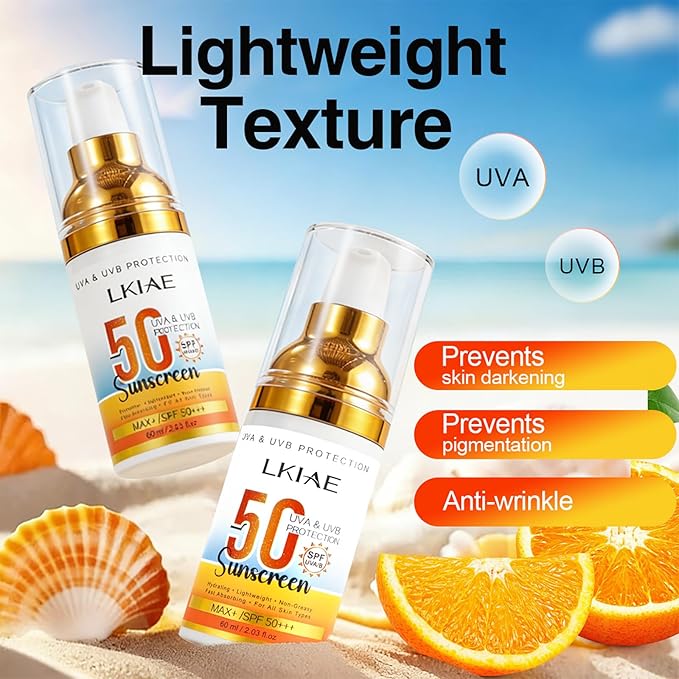 LKIAE Spf 50+ Sunscreen, UVA, UVB Protection, Prevent Sunburn, Skin Darkening, Pigmentation, Anti-Wrinkles, With Aloe Vera, Travel Size, 2 oz (Pack of 1)