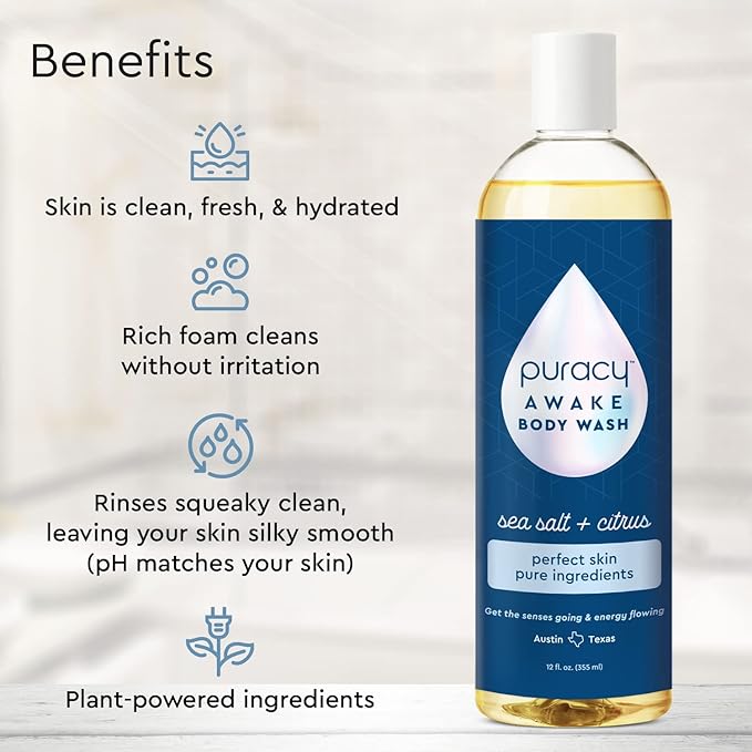 Puracy Body Wash - Natural Body Wash for Women, Men, Kids - Pure Plant Ingredients, Moisturizing Shower Gel, Body Soap for Dry Sensitive Skin, Gently Scented (Citrus Sea Salt, 12 oz/355 ml