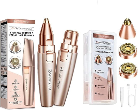VG VOGCREST 2 in1 Eyebrow Facial Trimmer with Replacement Heads - Rechargeable Facial Hair Removal and Eyebrow Shaver - Face Lips Body Painless Facial Razor with Built-in LED Light (Rose Gold)