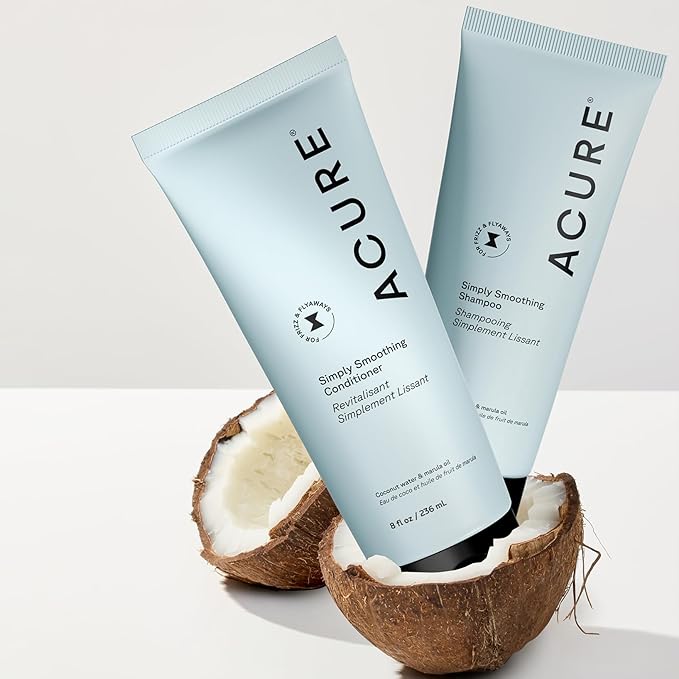 Acure Simply Smoothing Shampoo and Conditioner Set - Hydrating & Moisturizing for Women & Men, Moisturize Frizzy, Dry, Damaged Hair w/Coconut Water, Vegan, Paraben & Sulfate Free - 8 fl oz (2 Pack)