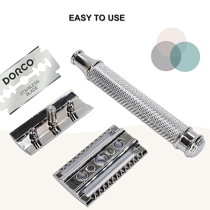 Double Edge Safety Razor Set With 20 Blades, Stand, Heavy Duty Kit for Men's Everyday Use and Smooth Close Shave (Silvery)