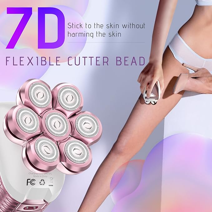 Electric Razors for Women Legs: 5-in-1 Electric Shaver with 7D Head - IPX6 Waterproof Wet Dry Hair Remover with LED Display & Travel Lock for Face Bikini (White Pink)