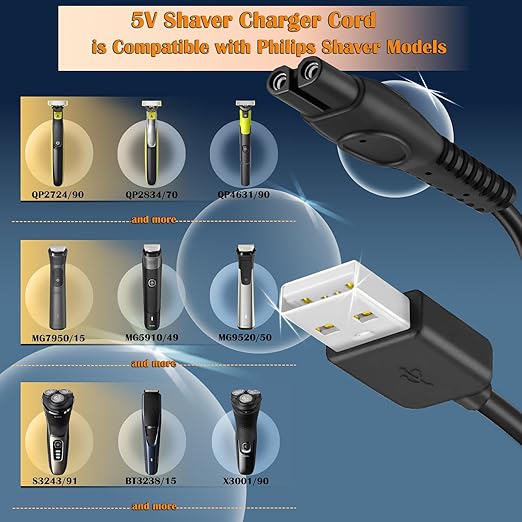 3Ft Shaver Charger Cord, 2 Pack 5V Electric Shaver USB Charging Cable, 24AWG Trimmer Razor Power Cord with Fishbone-Reinforced Cable Boot Design, for Philips Norelco Shaver QP2724, QP2834