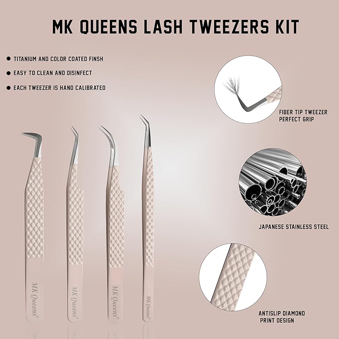 Lash Tweezers - Stainless Steel Fiber Tip Eyelash Tweezers (Set of 4) - Diamond Grip Professional Lash Tweezers for Eyelash Extensions (Beige)