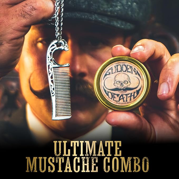 Mustache Wax Strong Hold No Heat Required Sudden Death 1 oz Tin & Necklace Death Grip Mustache Comb Mens Combo Kit - Grooming For Men Handlebar Moustache
