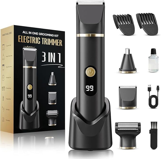 Beard Trimmer for Men, IPX7 Waterproof Body Hair Trimmer Electric Razor Shavers Cordless Grooming Kit for Beard Nose Ear Legs Chest Groin Pubic
