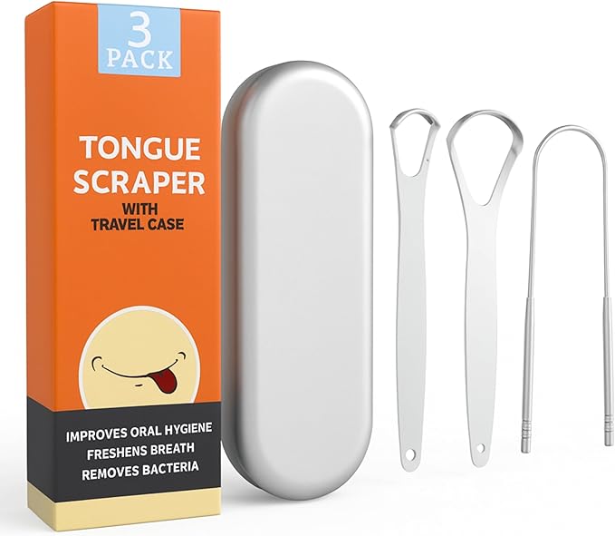 3-Pack Tongue Scraper with Travel Case (Silver), Reduce Bad Breath, Metal Tongue Scraper, Tongue Cleaner, Tongue Scraper, Tongue Cleaner for Adults