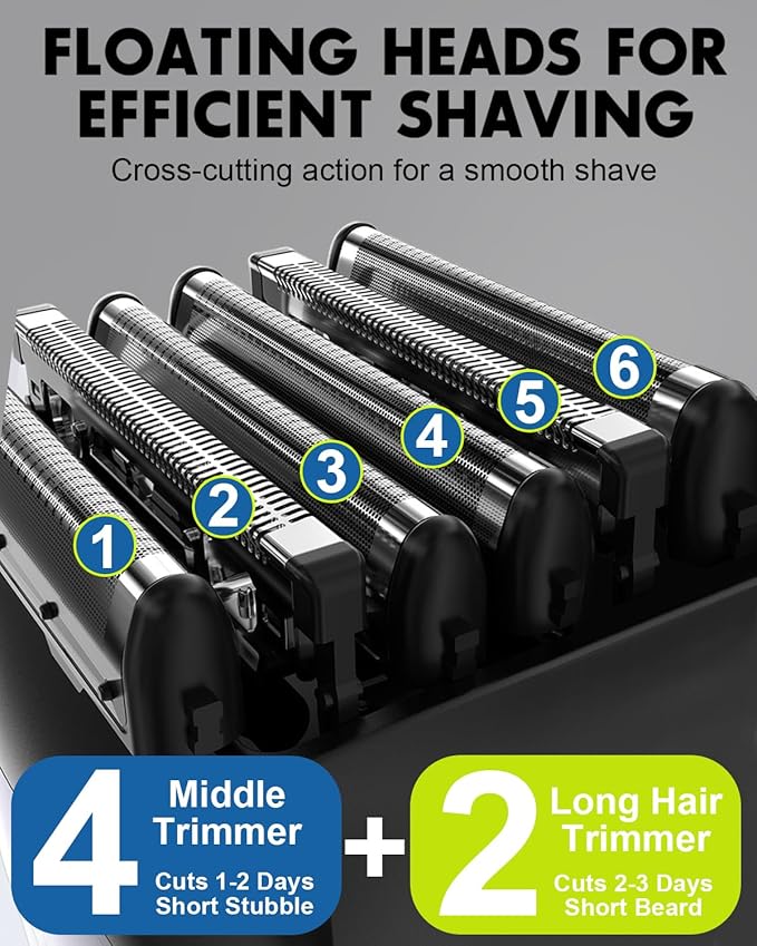 Electric Foil Shaver for Men - 6-Blade Floating Head Electric Razor, 100% Waterproof Wet & Dry Shave, Rechargeable Cordless Razor, LED Display & USB-C Fast Charge,Gifts for Him