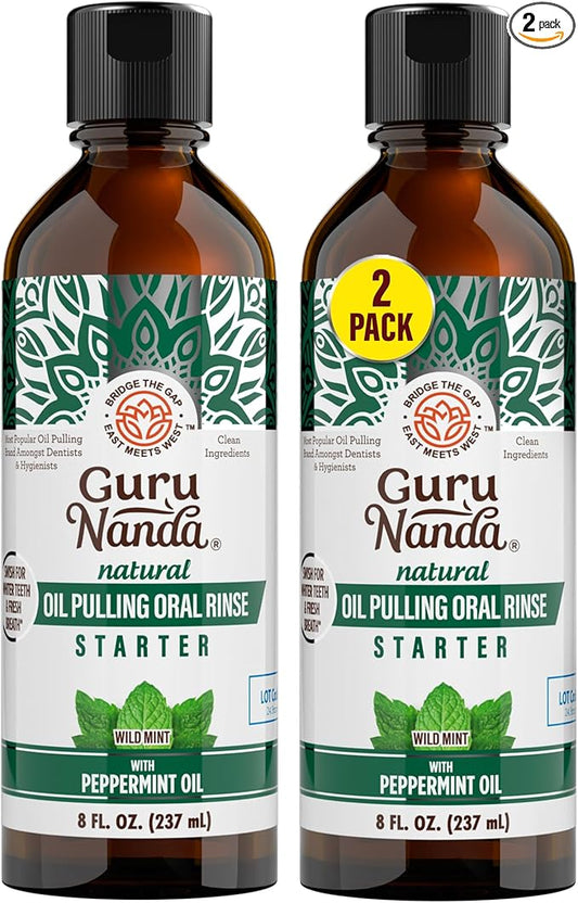 GuruNanda Starter Pulling Oil Mouthwash for Natural Teeth Whitening, Coconut and Peppermint Oil for Fresh Breath & Happy Gums, Alcohol-Free, 8 Oz (Pack of 2)