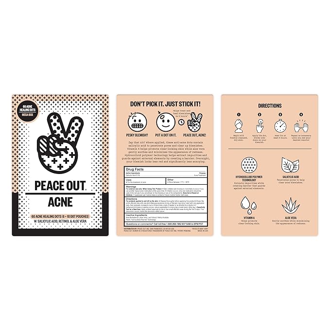 PEACE OUT Acne Healing Dots Helps Clear Blemishes Overnight, Fast Acting Hydrocolloid Pimple Patches for Breakouts with Salicylic Acid, Retinol and Aloe Vera, Award Winning Skincare Solution 60 Count