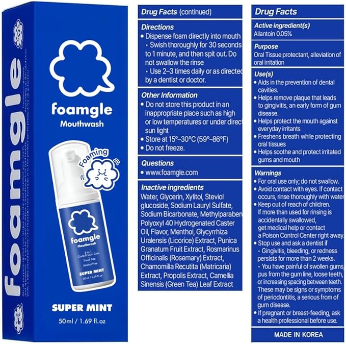 2-in-1 Foam Mouthwash & Toothpaste - Waterless Travel Size Oral Care, Portable Mouthwash Foam for Refreshing Breath, No Alcohol, Fluoride Free, Made in Korea 50 mL / 1.69 fl oz