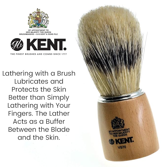 Kent VS70 Natural Badger Bristle Beechwood Shaving Brush for Men for Safety Razor, Shaving Razors for Men. Perfect Lather Shaving Brush for Shave Cream, Shaving Soap. Kent Luxury Shaving Since 1777