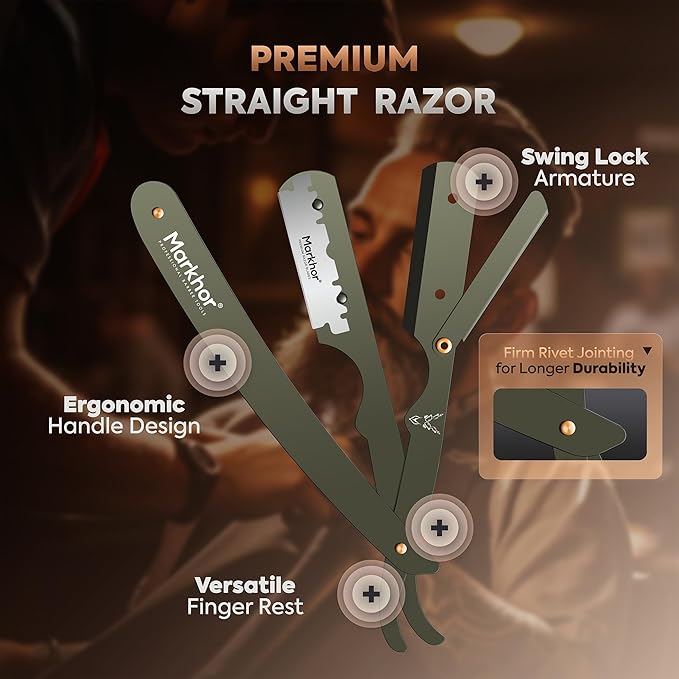 Markhor® Straight Razors for Men with 100 Single Edge Razor Blades | Barber Straight Razor | Straight Edge Razor | Barber Razor Blade | Navajas Para Barbero (Camo Green)
