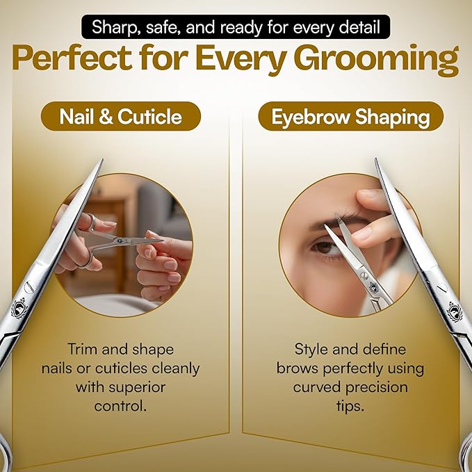 Stainless Steel Grooming Scissors Set - Facial Hair Small Nail Cuticle Scissors Manicure Pedicure Tools Trimming Kit - Straight and Curved Blade for Beard Mustache Nose Ear Hair Eyebrow Eyelashes