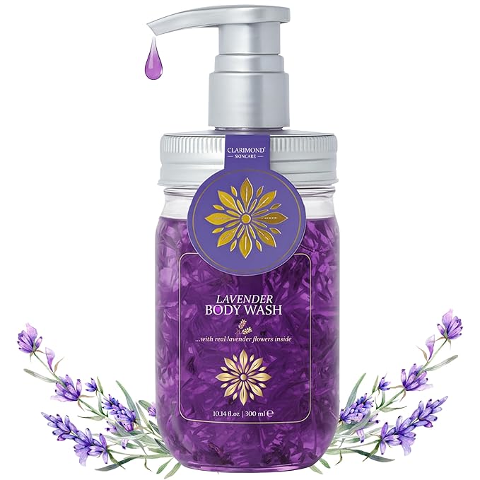 Lavender Body Wash – Sulfate Free Hydrating Shower Gel with Aloe Vera & Real Lavender Petals, Moisturizing Body Wash for Sensitive & Dry Skin, Calming Aromatherapy Cleanser, 10.14 fl oz Pump