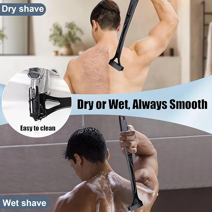 Back Shaver for Men & Women(DIY), Body Hair Trimmer with Foldable Extra Long Ergonomic Handle, Wet Dry Shaving & Safety Razor Technology with 8 Pcs Ultra Sharp Replaceable Blades