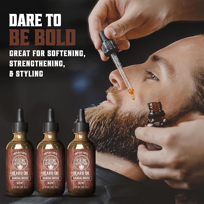 Viking Revolution Sandalwood Beard Oil for Men - Natural Mens Beard Oil with Argan Oil and Jojoba Oil - Beard Softener, Strengthens and Moisturizes - Beard Conditioner for Men (Sandalwood, 3 Pack)