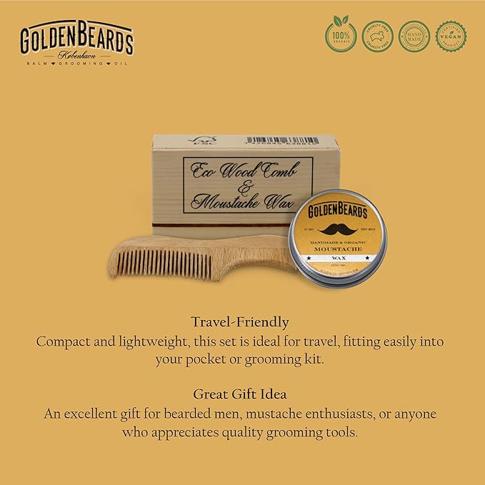 Golden Beards Moustache Wax & Eco Wood Vegan Comb Kit – Medium Hold Wax with Lime Scent & Eco Wood Comb 2.5 in – Handmade, Vegan, Cruelty-Free Moustache Styling Set