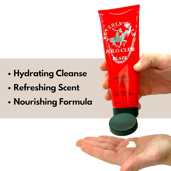 Beverly Hills Polo Club Blaze Men's 2-in-1 Hair & Body Wash - Luxury Cleansing, Invigorating Refreshment & Long-Lasting Designer Scent for Daily Confidence, 8.5 oz