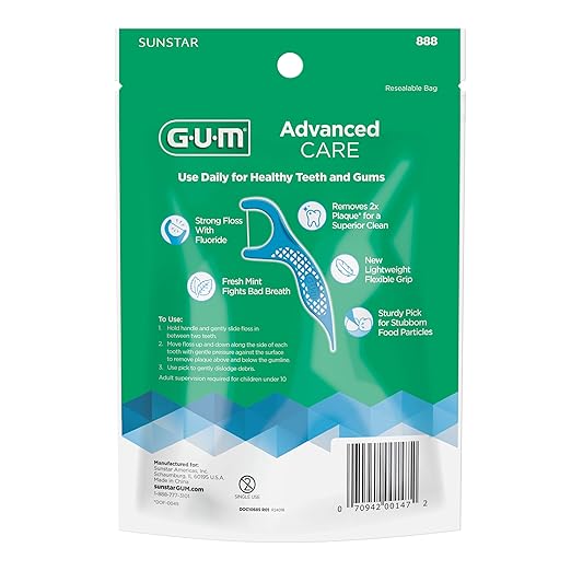 GUM Advanced Care Floss Picks - Dental Flossers for Adults with Vitamin E and Fluoride - Extra Strong Shred-Resistant Dental Floss, Easy Grip Handle, Fresh Mint Flavor, 150 Count (Pack of 4) 600 Total