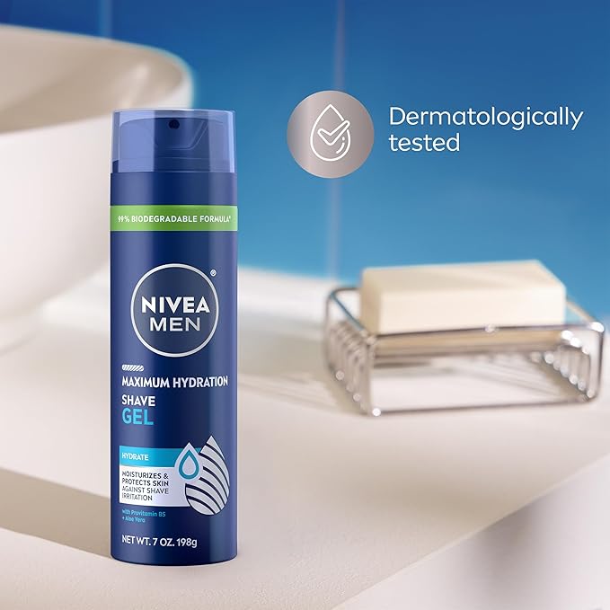 NIVEA MEN Maximum Hydration Shave Gel, with Aloe Vera and Provitamin B5, Shaving Gel for Men, 7 Oz Can, Pack of 3
