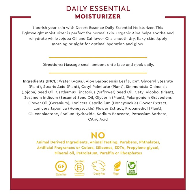 Desert Essence Daily Essential Moisturizer - Nourishing Jojoba, Organic Aloe Vera, Safflower & Geranium Oil - Light-Weight Soothing, Softening Facial Cream - Vegan, Non-GMO, Sulfate & SLS Free - 4oz