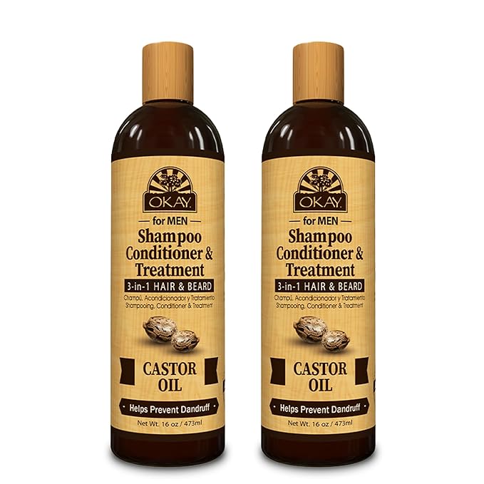 Okay-MEN 3 in 1 Shampoo and Conditioner - Castor Oil Shampoo and Conditioner, Beard Wash, Clarifying Treatment for Dry Damaged Hair, Dandruff, Curly Hair - 16 Fl Oz (Pack of 2)