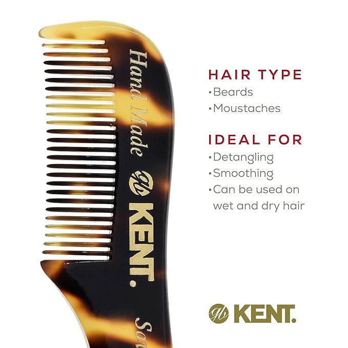 Kent A 81T TY X-Small Men's Beard and Mustache Comb, Fine-Toothed for Facial Hair Grooming and Styling. Quality Cellulose Acetate, Saw-cut Polished. Made in England