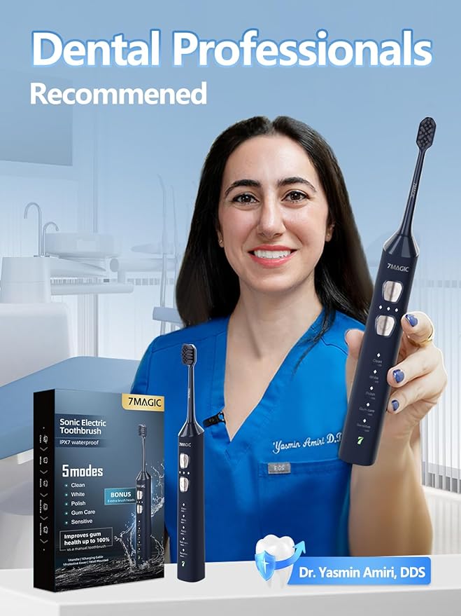 7MAGIC Sonic Electric Toothbrush for Adults and Kids - Up to 180 Days Runtime, 42000 VPM Powered Toothbrush, 5 Modes & 3 Intensities for Sensitive Teeth & Braces, Includes 8 Brush Heads, Navy Blue