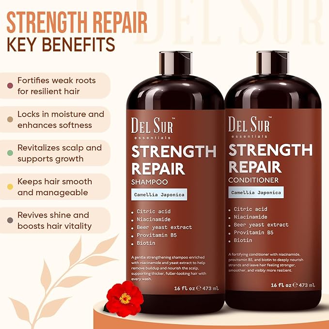 DEL SUR Hair Strengthening Shampoo and Conditioner Set | 16 fl oz Each | with Camellia Japonica, Niacinamide, Provitamin B5 & Biotin | Repair & Hydration for Dry, Weak Hair