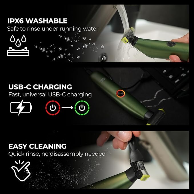 Full Body Shaver for Pubic Hair, Chest & Bikini with Skin-Safe Dual Floating Razor Blades for Sensitive Areas | Rechargeable Waterproof Electric Razor & Beard Trimmer with 3 Combs | Green