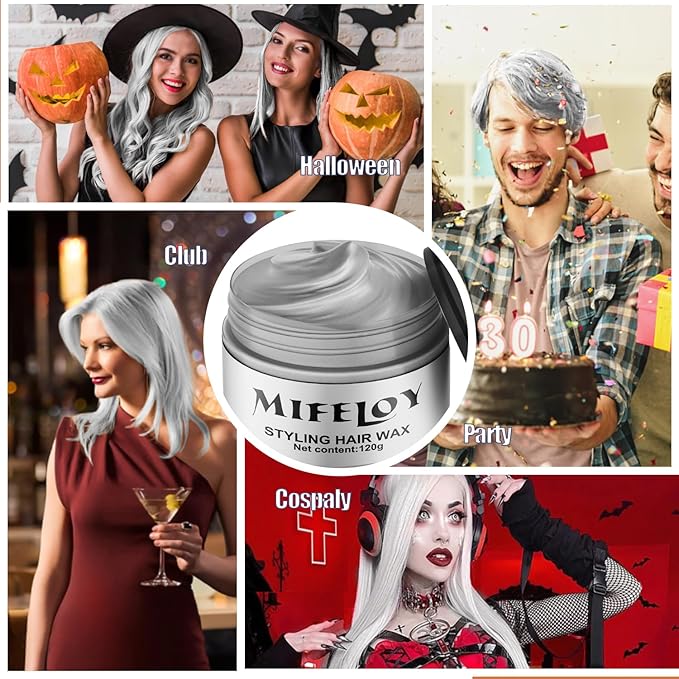 Silver White Temporary Hair Color Wax, Instant Natural Hairstyle Cream Dye, Washable Styling Pomadesfor Men Girls Women Youth, Disposable Coloring Mud for Party Cosplay DIY Halloween
