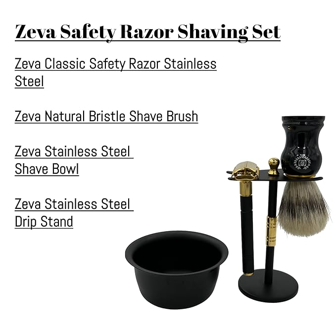 Men Safety Razor Vintage Shaving Gift Set | Butterfly Open DE Safety Razor, Stainless Steel Stand & Bowl, Natural Brush & 10 Blades Black Matte Finish Holiday Gift Idea