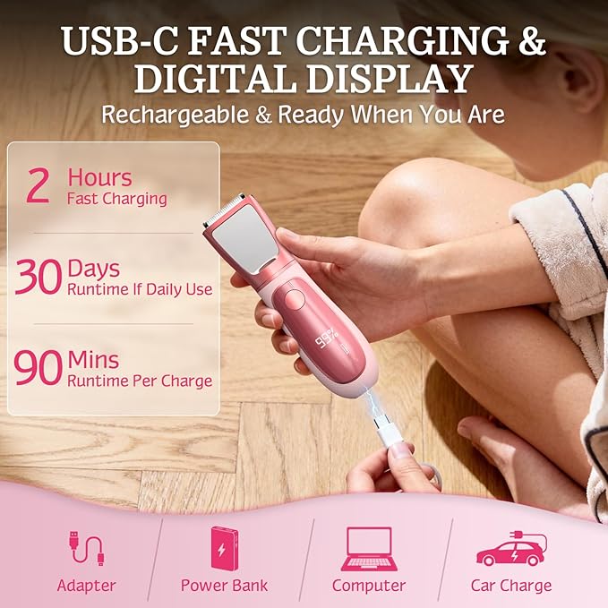Bikini Trimmer for Women Men, 2 in 1 Electric Razors Shaver, IPX7 Waterproof Body Hair Trimmer with Mirror, LED Light & Display, Painless Pubic Hair Removal, Pink
