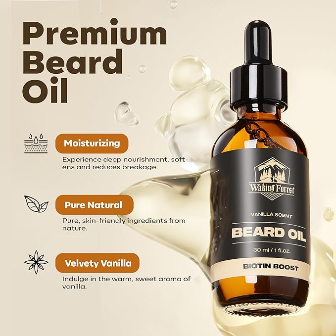 Waking Forest Vanilla Beard Oil for Men - Biotin Mustache Oil with Vitamin E, Rosemary & Castor - Beard Care Softener, Strengthens, and Moisturizes - Beard Conditioner (1 oz)