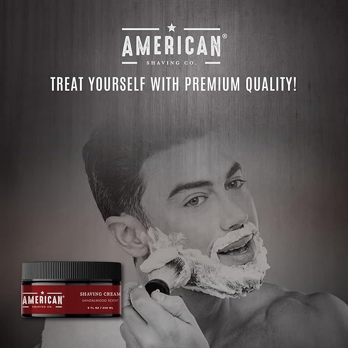 American Shaving Co. Sandalwood Shaving Cream For Men 8 Oz, Made in USA, Easy Application, Quality Potent Ingredients, Long-Lasting, Non-GMO, GMP Certified, Cruelty-Free Products