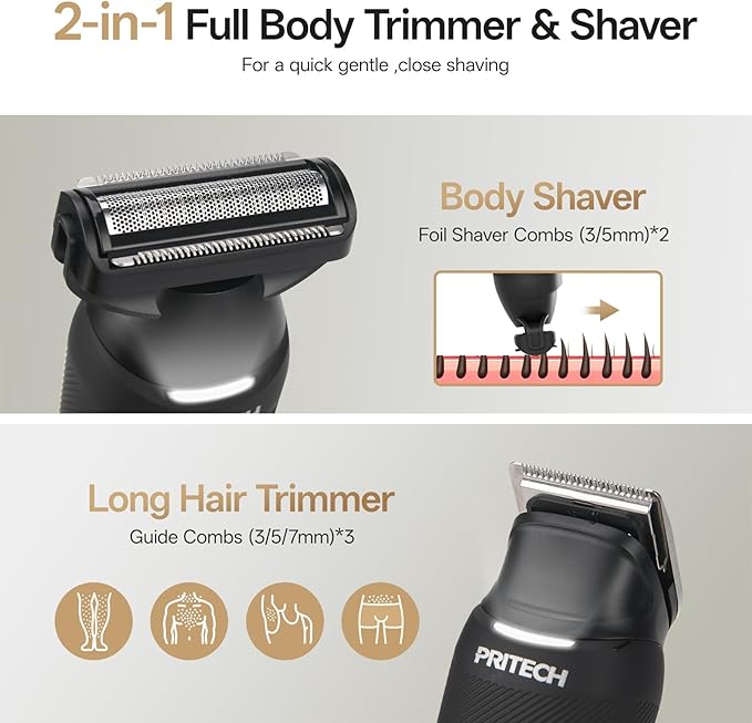 PRITECH Body Hair Trimmer for Men, Dual-Head Public Trimmer & Foil Shaver - Waterproof Electric Razor for Men Wet/Dry Groomer, USB-C Rechargeable Ball Shaver with Ceramic Blades & Travel Lock, Black