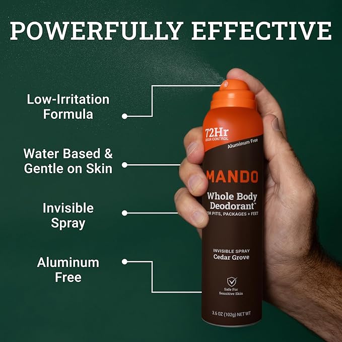 Mando Whole Body Deodorant Spray For Men - Invisible Spray Deodorant - 72 Hr Odor Control - Low Irritation Formula - Aluminum Free & Benzene Free - 3.6 ounces - Pack of 2 - Cedar Grove