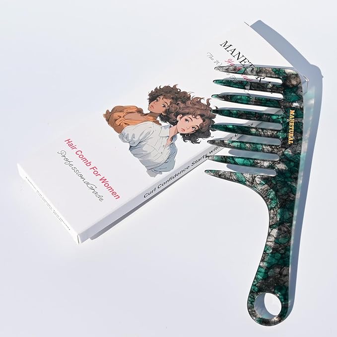D1 | wide tooth comb 7.4"for easy portability. Suitable for Women's/girl curly, curly and tight hair, the short handle design is easy to carry. Acetate comb (Green)