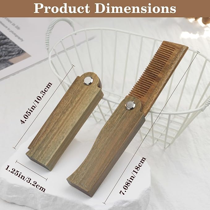 Folding Green Sandalwood Beard Comb for Men, Natural Wood Comb for Grooming Beards, Mustaches, and Hair, Compact and Travel-Friendly