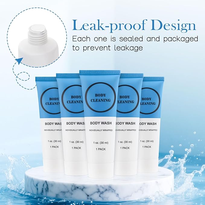 Travel Size Body Wash, Individually Wrapped Bulk 1 oz/30 ml Mini Shower Gel Set Trial Sample Small Single Use Toiletries Amenities Kit for Men & Women for Hotel/Camping/Vacation/Homeless (100 Pack)