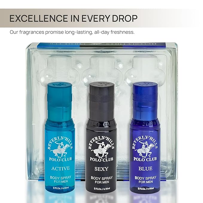 Beverly Hills Polo Club Men's Luxury Body Spray Gift Set - 3 x 3 oz Distinct Designer Fragrances for All-Day Freshness, Gym, Travel & Everyday Confidence (Silver Collection)