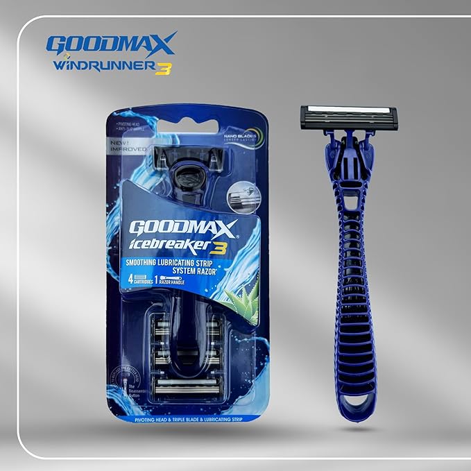 Men’s Razor System – Pivoting Triple-Blade Handle with Aloe Lubricating Strip, Nano-Coated Blades, Anti-Slip Grip + 4 Replacement Cartridges
