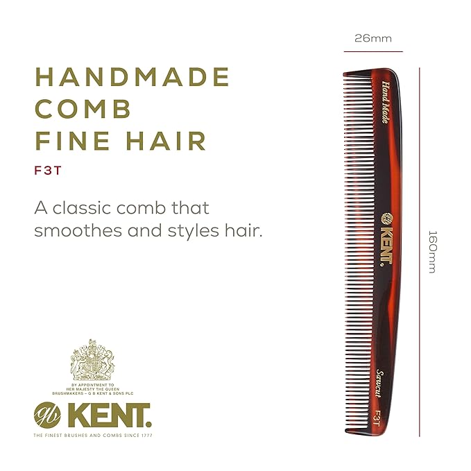 Kent F3T Fine Tooth Comb for Hair Parting, Handmade Combs for Men and Straightening Comb for Women, Dandruff Remover Kent Mens Combs for Fine Hair