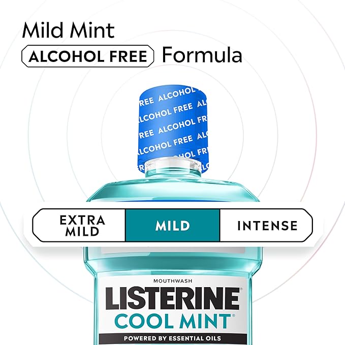 Listerine Cool Mint Alcohol-Free Mild Mouthwash, Oral Rinse Kills 99.9% of Germs that Cause Bad Breath, Less Intense Taste, Mild Mint Flavor, 500 mL