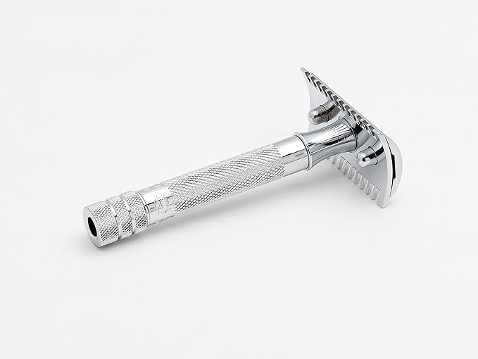MERKUR 15C Double Edge Safety Razor in Bright Chrome with an Open Comb Design, Standard Handle, Made in Germany, Plastic-Free, Three-Piece Design, and Straight Bar