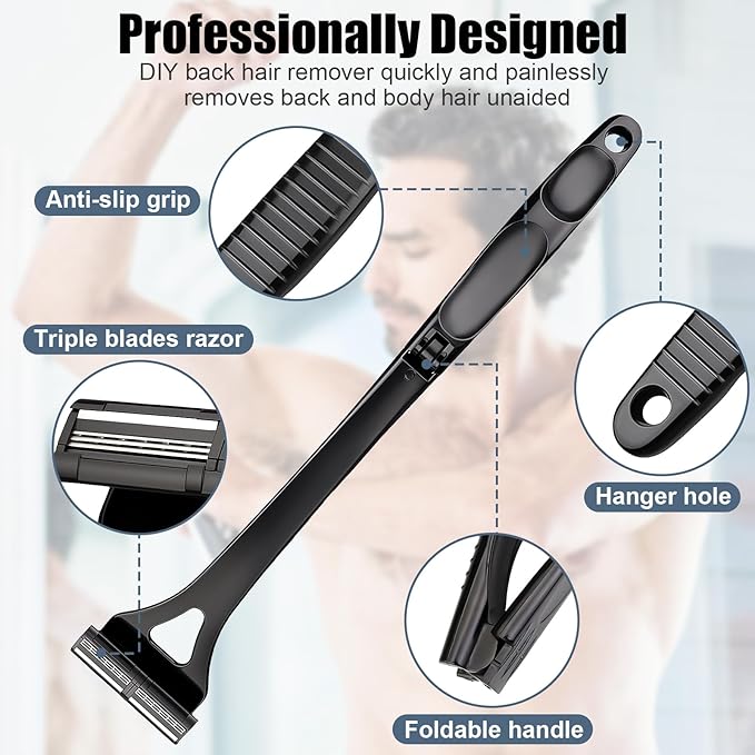 Back Shaver for Men & Women(DIY), Body Hair Trimmer with Foldable Extra Long Ergonomic Handle, Wet Dry Shaving & Safety Razor Technology with 8 Pcs Ultra Sharp Replaceable Blades